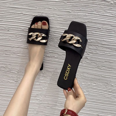Korean Style Women's Flat Slide Square Toe Chain Design Sandals ...