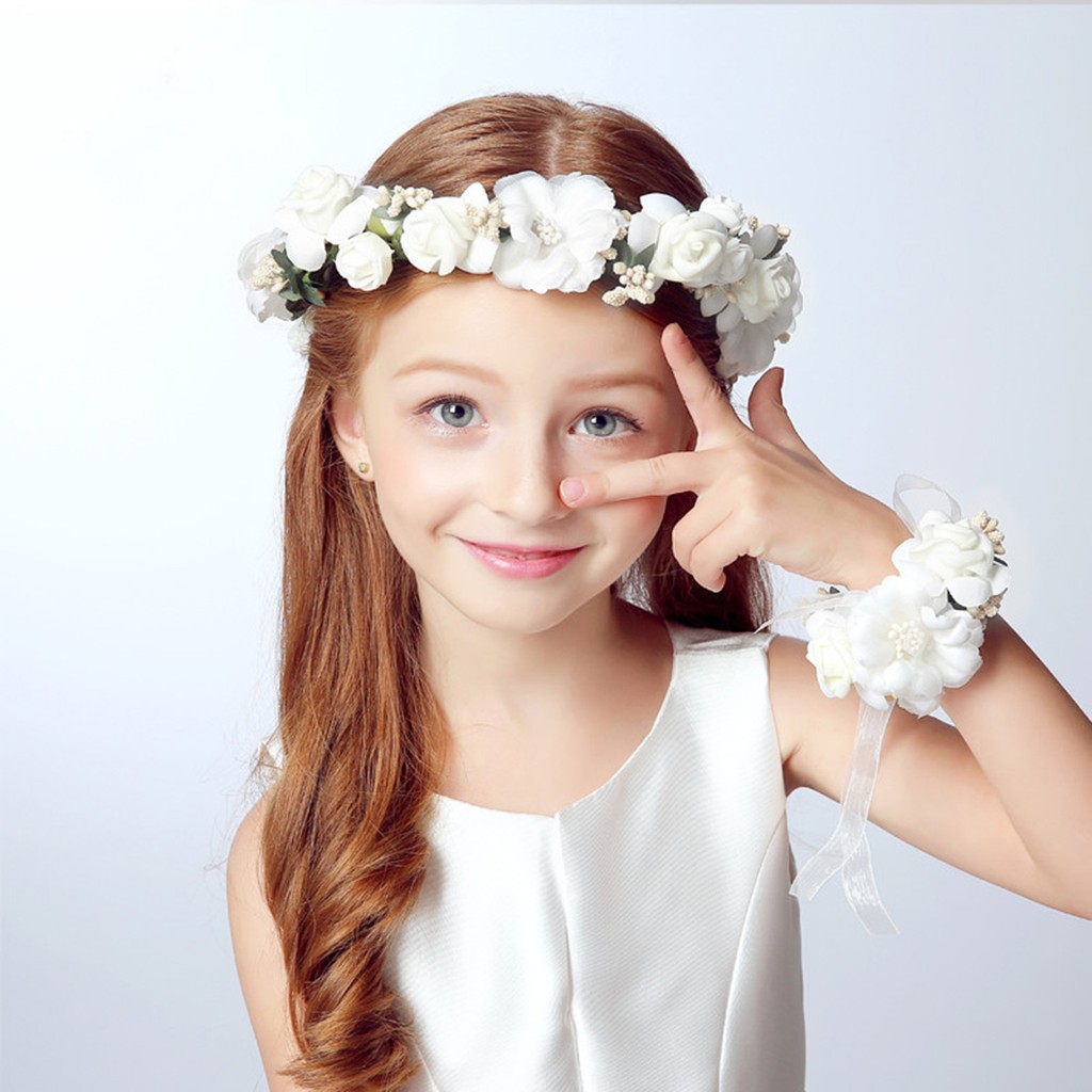 Girl s Garland Elegant Headdress Flowers Hair Accessories Party Photo Headband Wristband Shopee Philippines