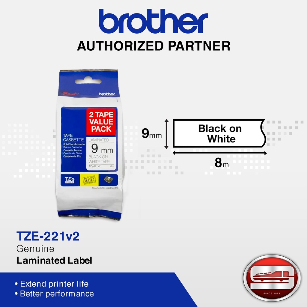 Brother Genuine Laminated Label TZe-221V2 9mm (0.35") Black on white ...