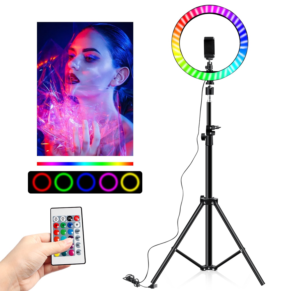 RGB Colorful LED Ring Light 10 Inch 160CM Stand Rainbow Ringlight USB ...