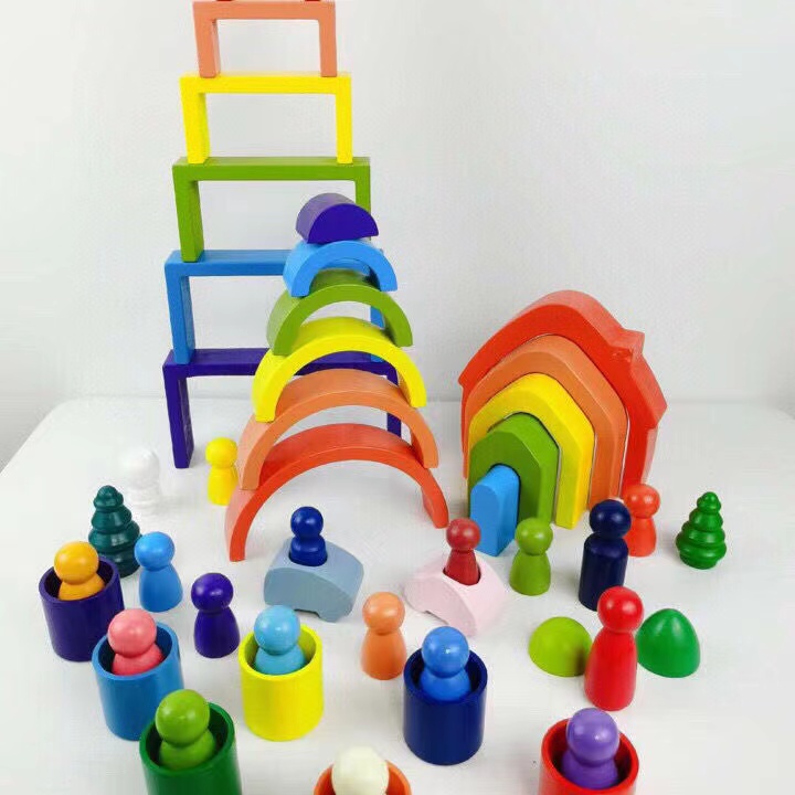 Wooden Rainbow Stacker Nesting House Blocks Stacking Game Preschool ...