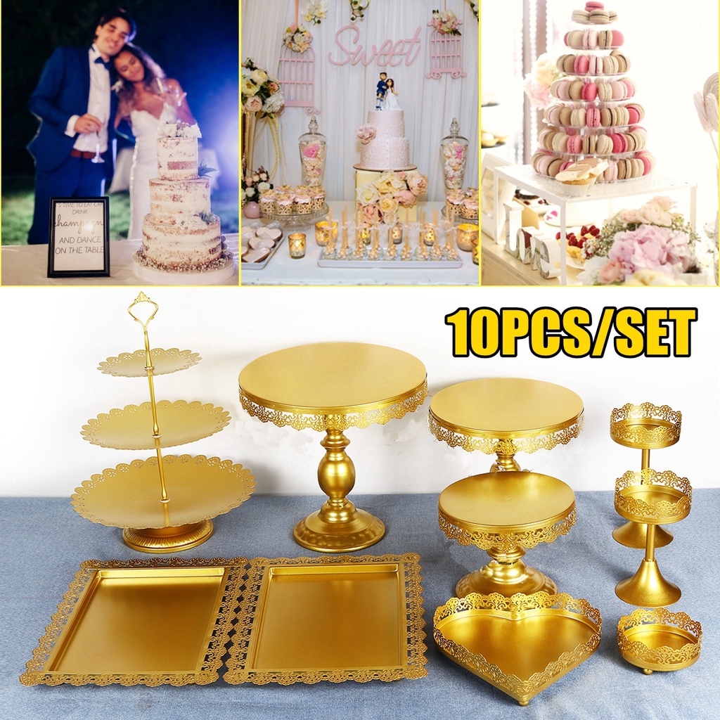 10pcs Cake Display Stand Set Gold White Round Metal Crystal Dessert