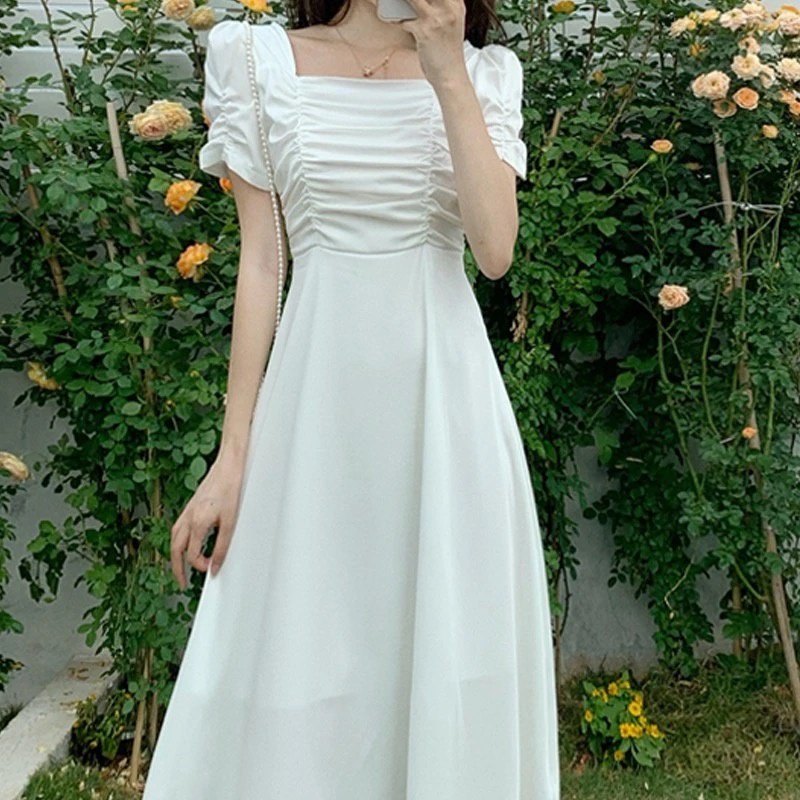 puff sleeve dress puff dress French Style White Dress Waist Slimming Square  Collar Temperament Long Dress | Shopee Philippines