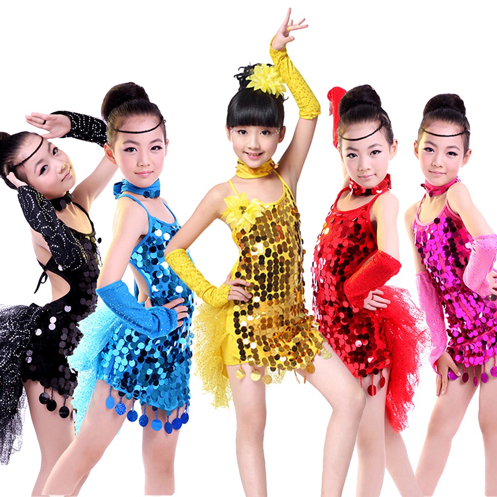 Lolanta 4 Pcs Kids Girls Sequins Latin Dance Costume Tassels Cha-Cha Salsa  Rumba Dancewear