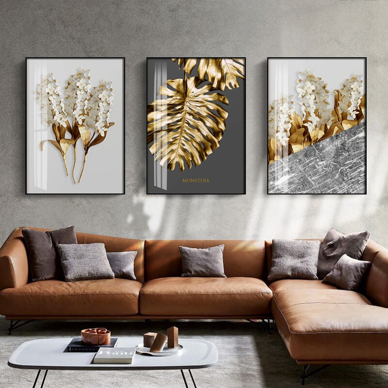 Abstract Gold Canvas Painting Nordic Poster Leaf Flower Wall Art Print ...