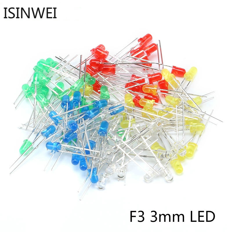 100pcs/lot 3MM F3 LED Diode Kit Mixed Color Red Green Yellow Blue White ...