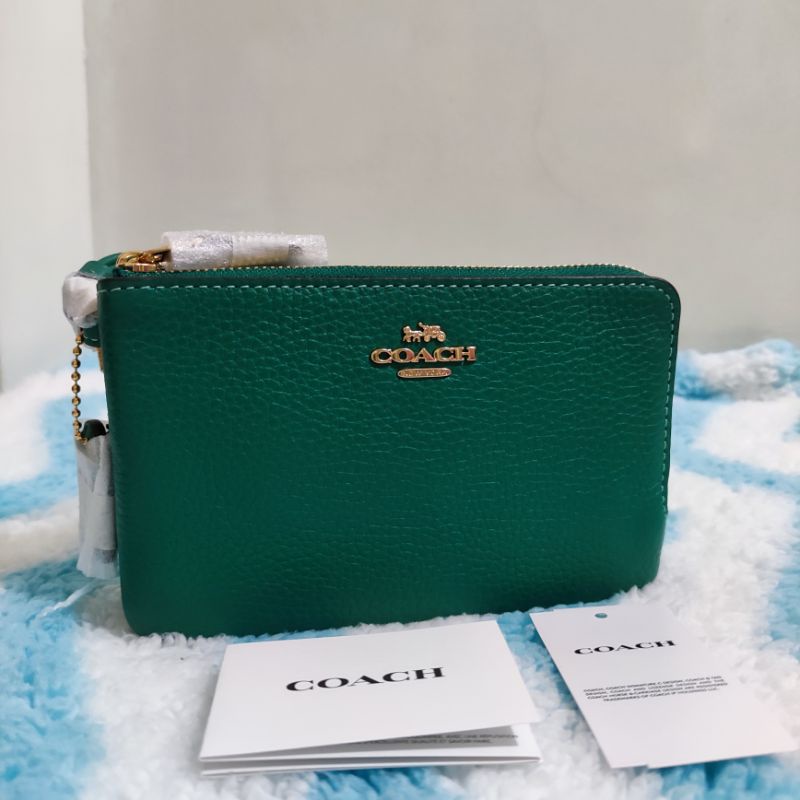 Coach Corner Double Zip Wristlet in Gold Bright Jade