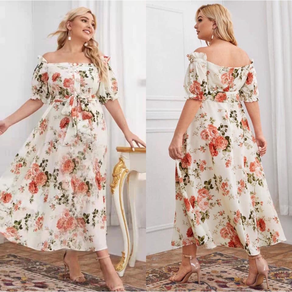 Iyun Fashion Plus Size Floral Off Shoulder Long Printed White Formal Belt Dress Shopee Philippines 1208