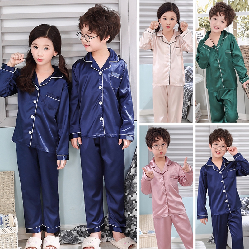 insGirls Boys Silk Pajamas Kids Lounge Wear Sleepwear Set Nightgown