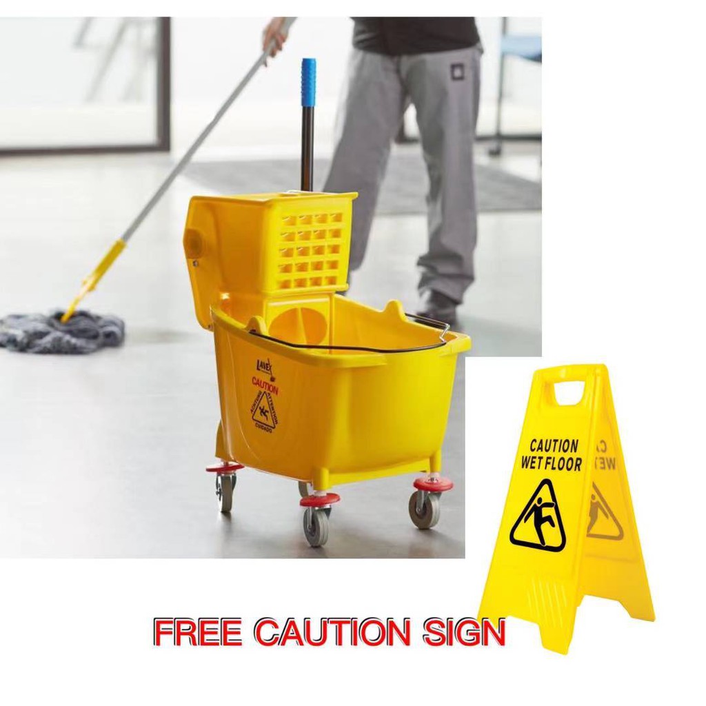 Mop Bucket Squeezer 20L with Wringer with Free Caution Sign | Shopee ...
