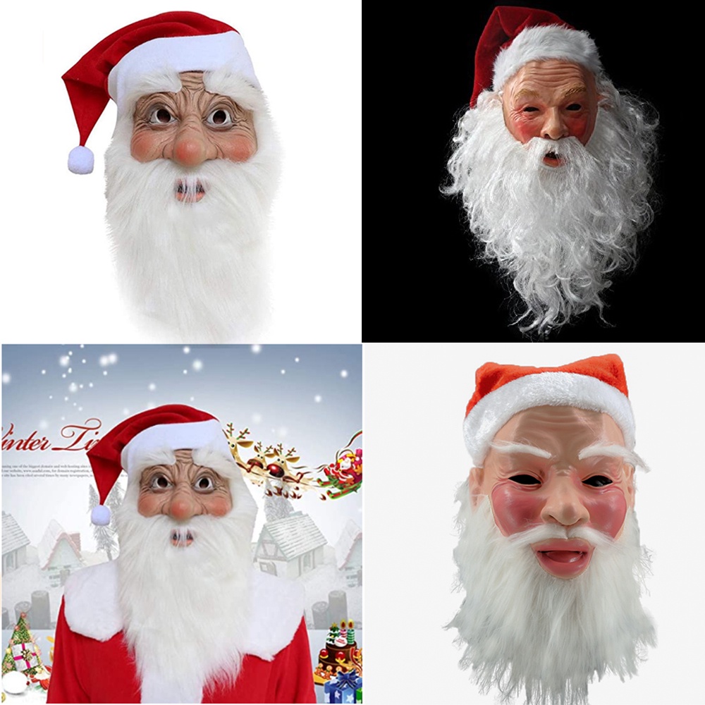 ∋cod Santa Claus Latex Mask Realistic Mask White Beard Red Cap Fancy Costume Christmas Cosplay