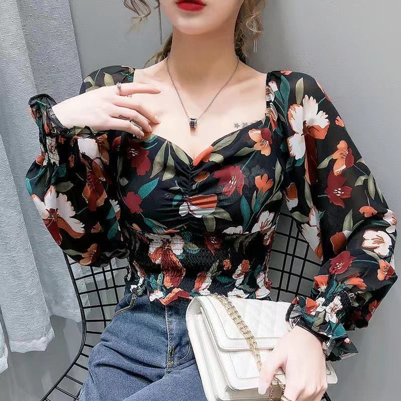 【ava And Ready Stock】womens Floral Fashion Puff Sleeve Square Neck