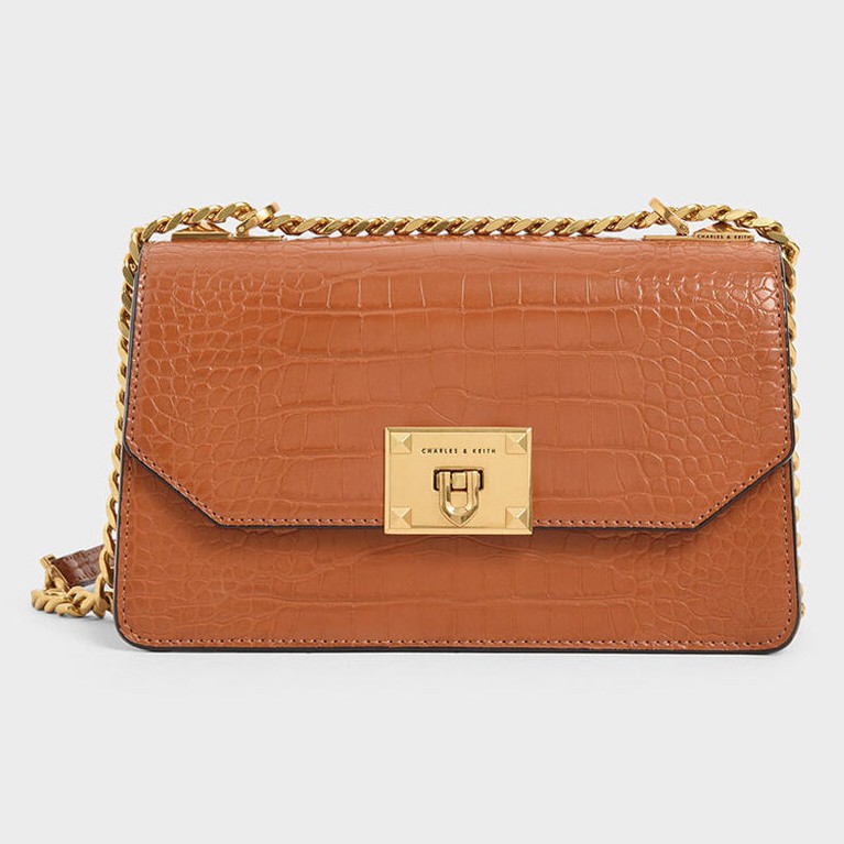 Charles & Keith CrocEffect Chain Strap Crossbody Bag Color Cognac (COD