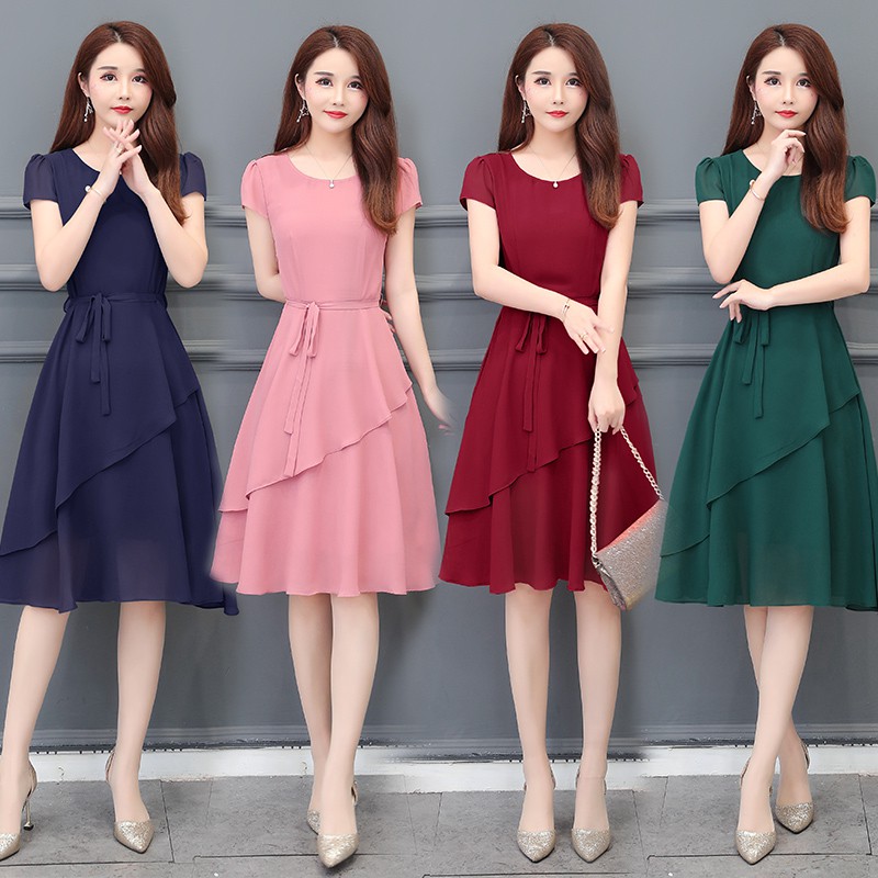 Chiffon Elegant Office Dresses Women Summer Short Sleeve Ruffle Midi Dress  Pink Red Green Blue | Shopee Philippines