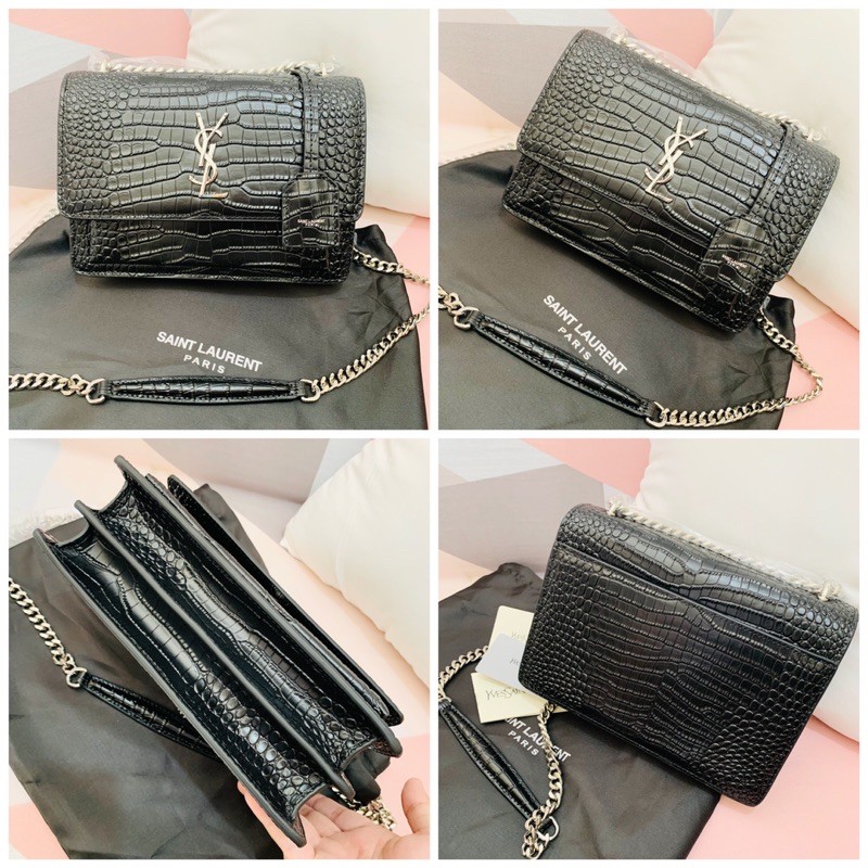 tas sling-bag YSL Sunset Croco Embossed Black Sling Bag