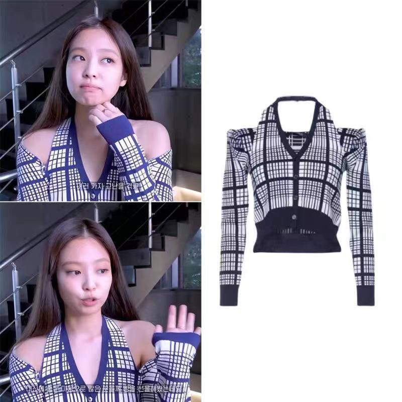 Blackpink Jennie Plaid V-Neck Slim Long Sleeve Knitted Cardigan Women ...