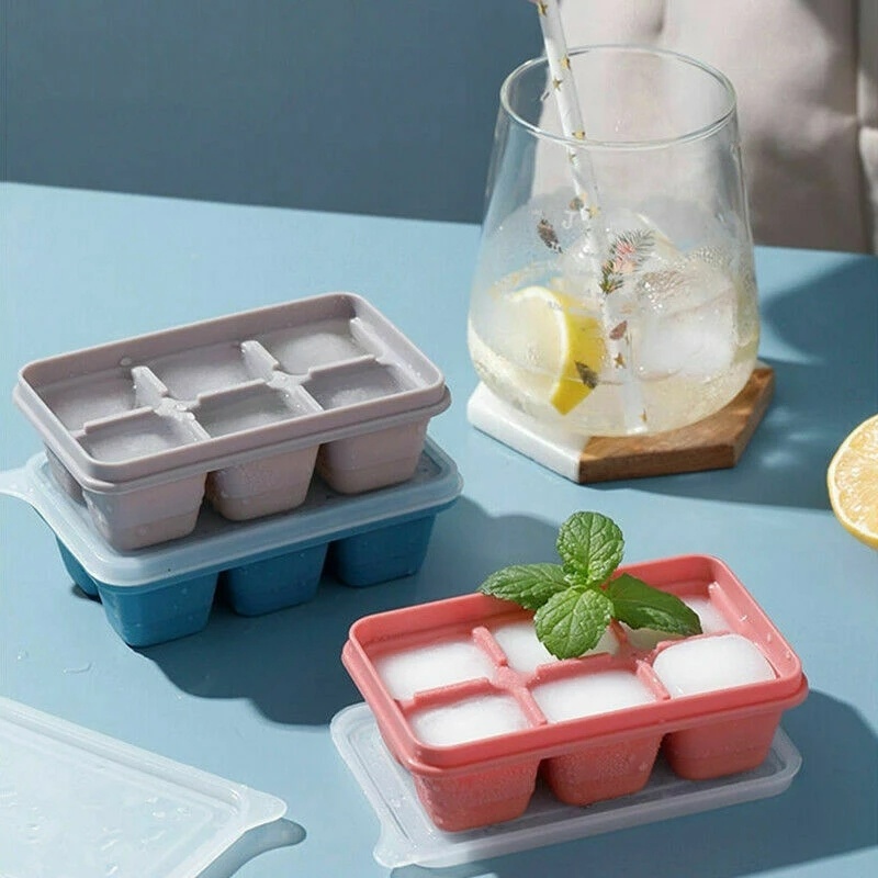 6 Grids Food Grade PP Plastic Ice Cube Mold With Lid/ Square Shape Ice ...