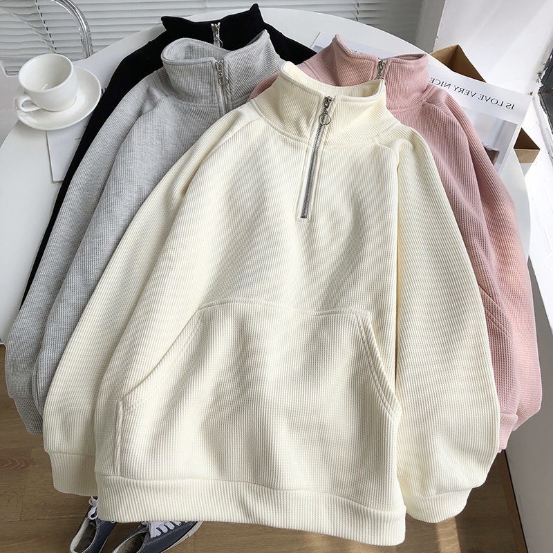 Fleece Stand-Up Collar Half Zipper Pullover Sweatshirt Women | Shopee ...