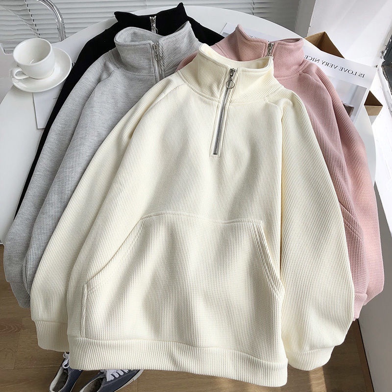 Fleece StandUp Collar Half Zipper Pullover Sweatshirt Women Shopee