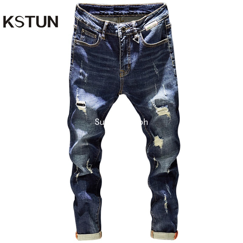 Mens Ripped Jeans Slim Fit Dark Blue Spring Autumn Destroyed Torn ...