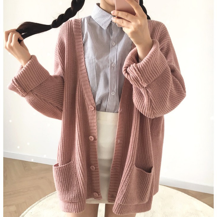 Korean Style Long Cardigan Sweater Plain Loose Casual Buttoned