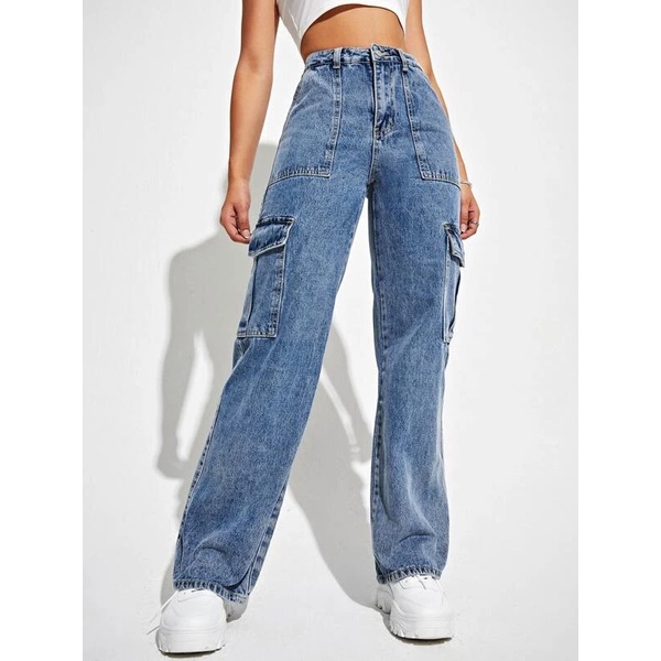 sunny shop High Waisted Flap Pocket Cargo Jeans | Shopee Philippines