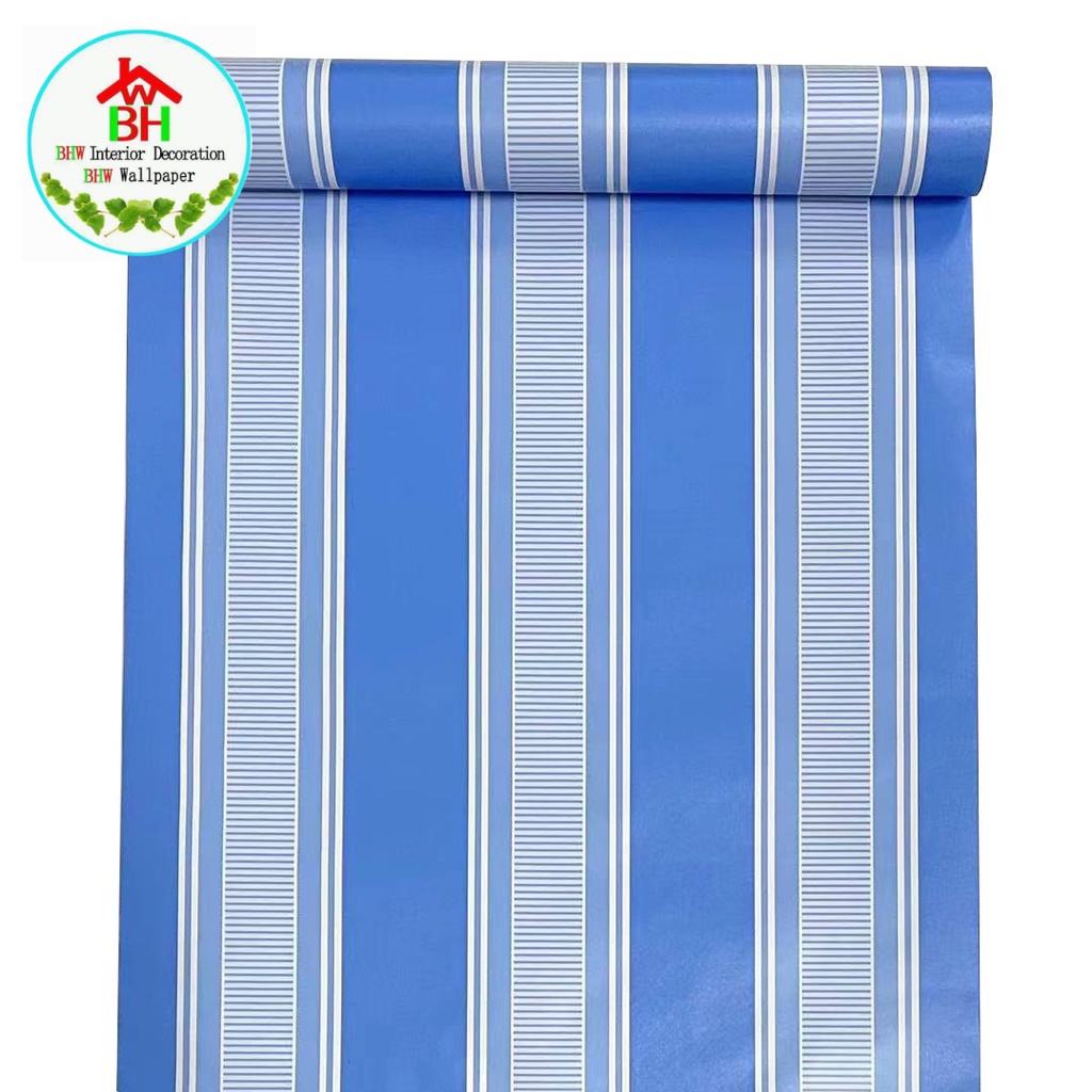 BHW Wallpaper Blue and White Stripe Design PVC Self Adhesive Waterproof