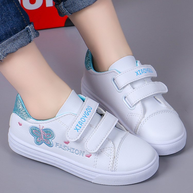 New Design High Quality 4 18 Years Old Kids Bling Bling Butterfly Casual Shoes All match Sweet Girls Leather White Shoes pink 26