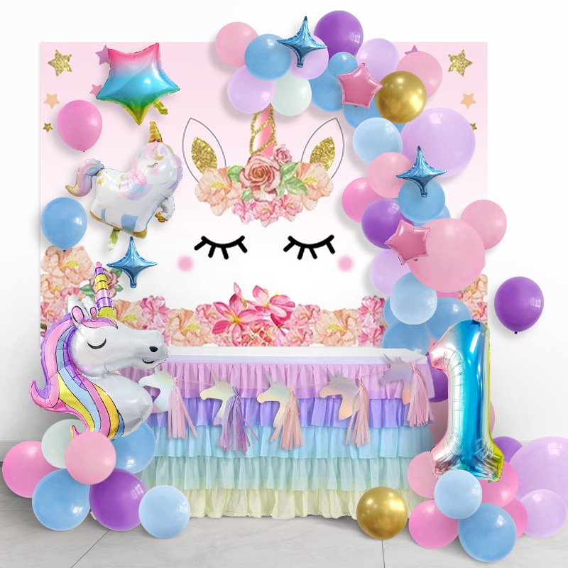 1set Unicorn Theme Girls Birthday Banquet Macaron Balloon Chain