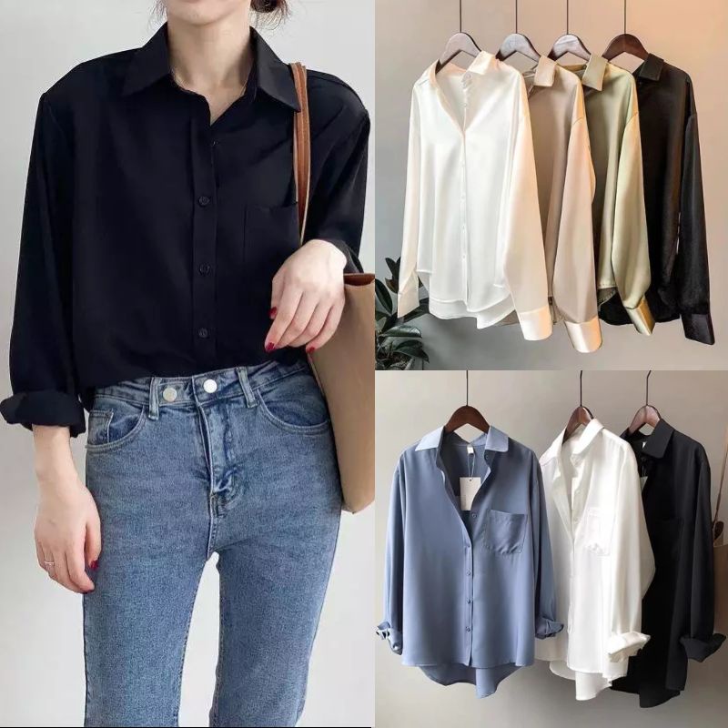 CHIFFON+SATIN】Women Long Sleeve Blouse Fashion Casual Black Plus