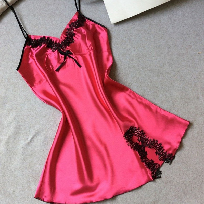 Women Sexy Silk Nightdress Lace Nightgown Satin Nightwear