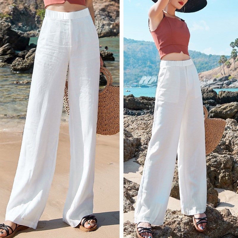 Women Plain Elastic Straight Wide Leg Long Pants Casual High Waist