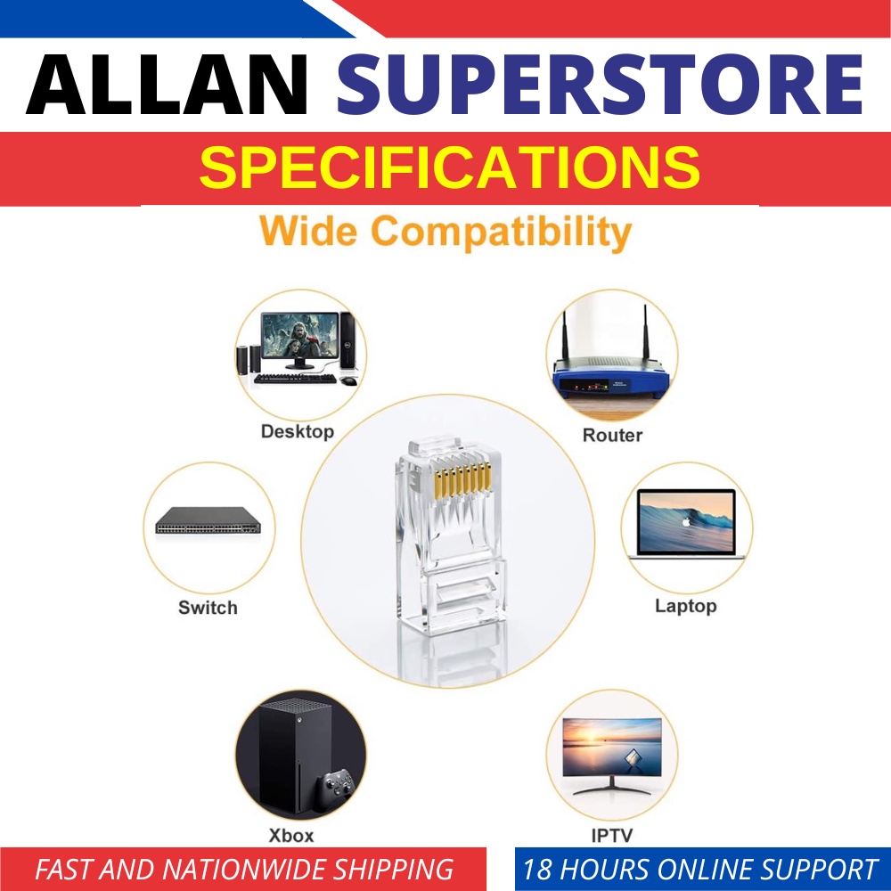 Allan Superstore 100PC Rj45 Connector For Cat5 Cat6 Ethernet | Shopee ...