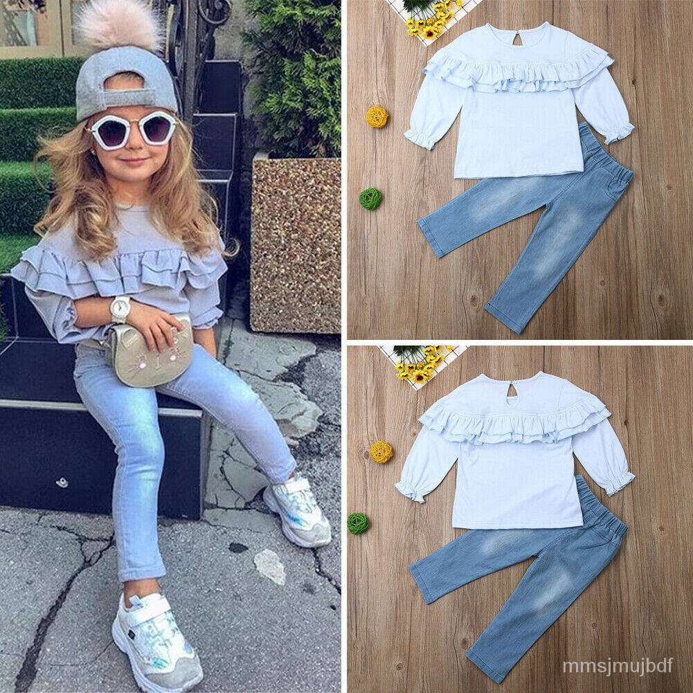 Fashion Toddler Kids Baby Girls Long Sleeve Ruffle T-shirt Top Denim Pants  Jeans Outfits Clothes Set