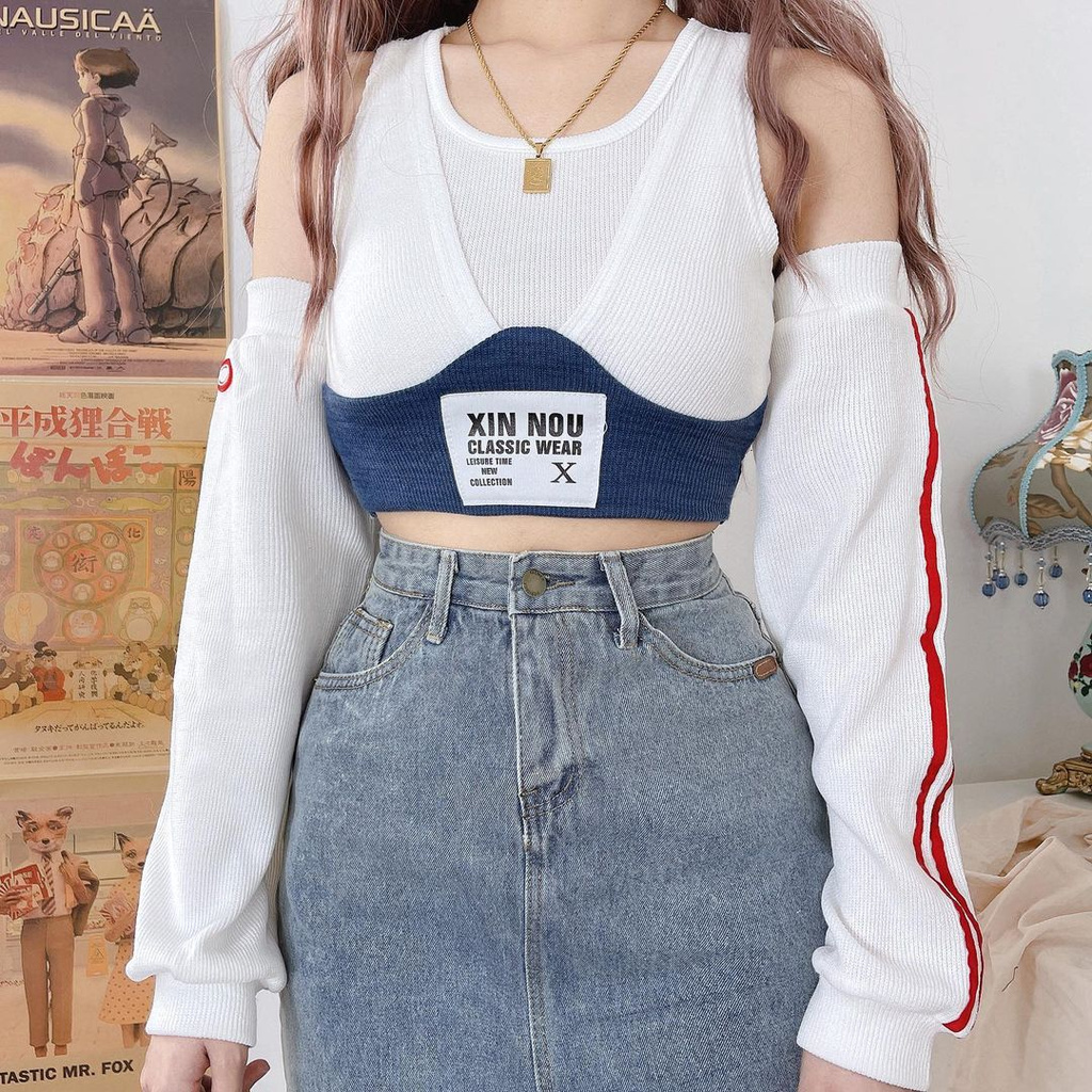 Yingshang Korean Fashion Blackpink Jennie Pretty Savage White Crop Tank Top With Arm Sleeves