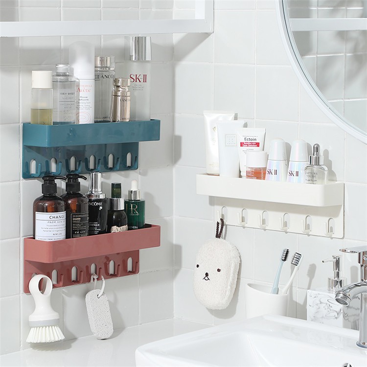 Self Adhesive Bathroom Rack with 6 Wall Hooks Shelf Bathroom Organizer Wall Hanging Storage ...
