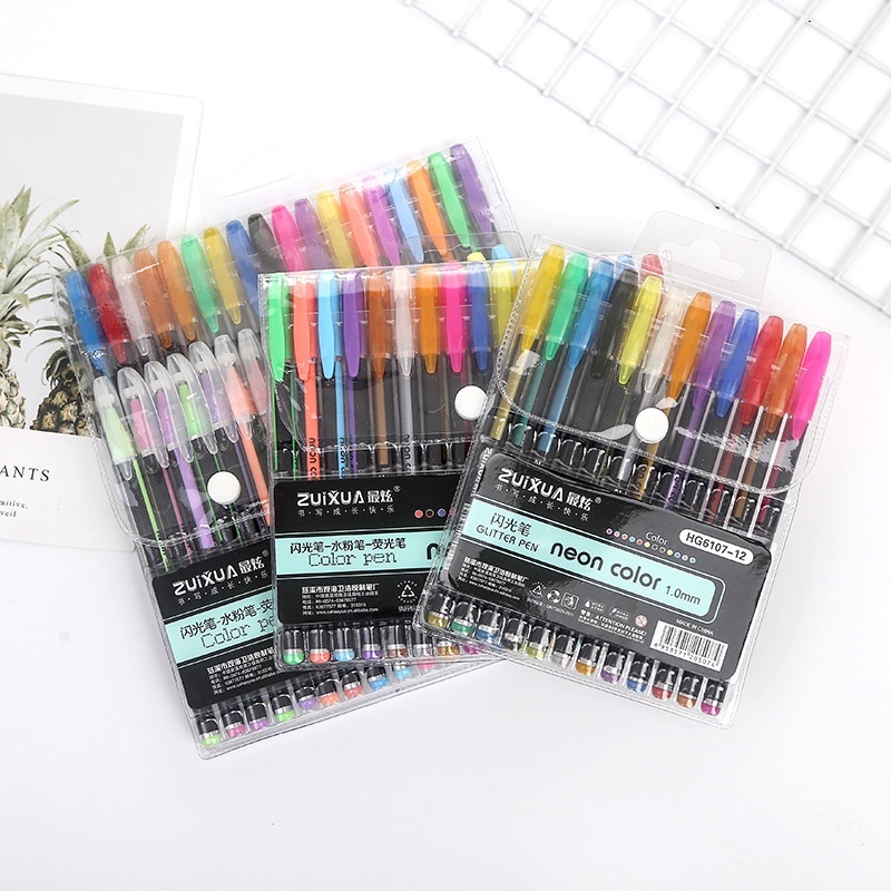 12 in 1 Neon Color Pen Highlighter Set 1.0mm Metal/Pastel/Glitter Pen ...