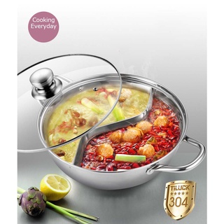 Yzakka Stainless Steel Shabu Shabu Hot Pot Pot with Divider for Induction  Cooktop Gas Stove (30cm, With Cover)