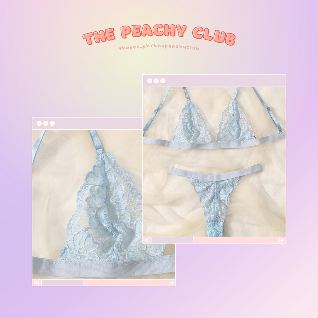 The Peachy Club | M | Floral Lace Powder Blue Lingerie Set | Shopee 