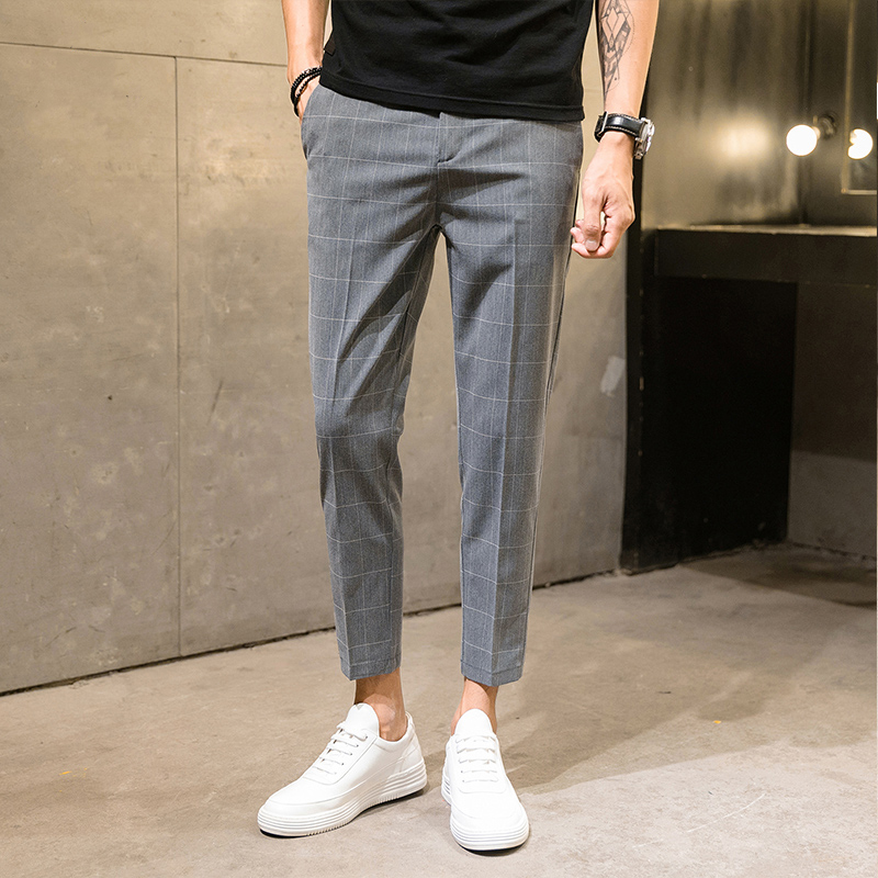 Korean Summer Mens Squarepants Square Casual Pants Fashion Plain Lattice  Trouser Formal Nine Point Pants Pantalon for Businessmen