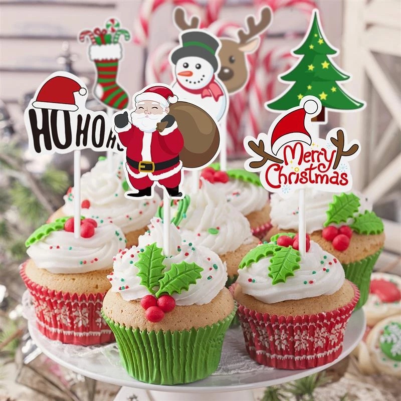 24pcs Set Christmas Paper Cupcake Wrapper Santa Claus Cake Topper Merry