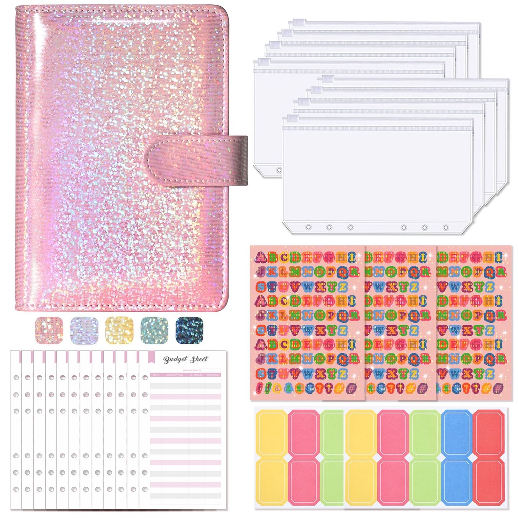 A6 Glitter Binder with Zipper Pockets Cash Envelopes for Budgeting