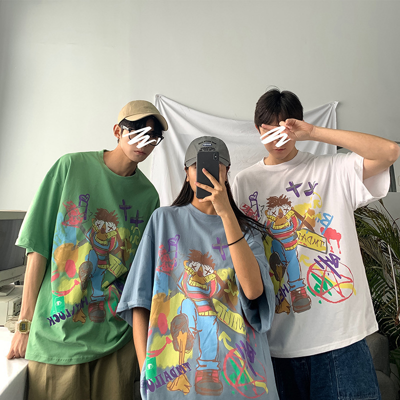 Summer Graffiti Print Tshirt for Men Fashion Loose Couple Dress T Shirt Korean Oversize Student Round Neck Tops Comfortable and Breathable Hip hop Short Sleeve Tee Shopee Philippines