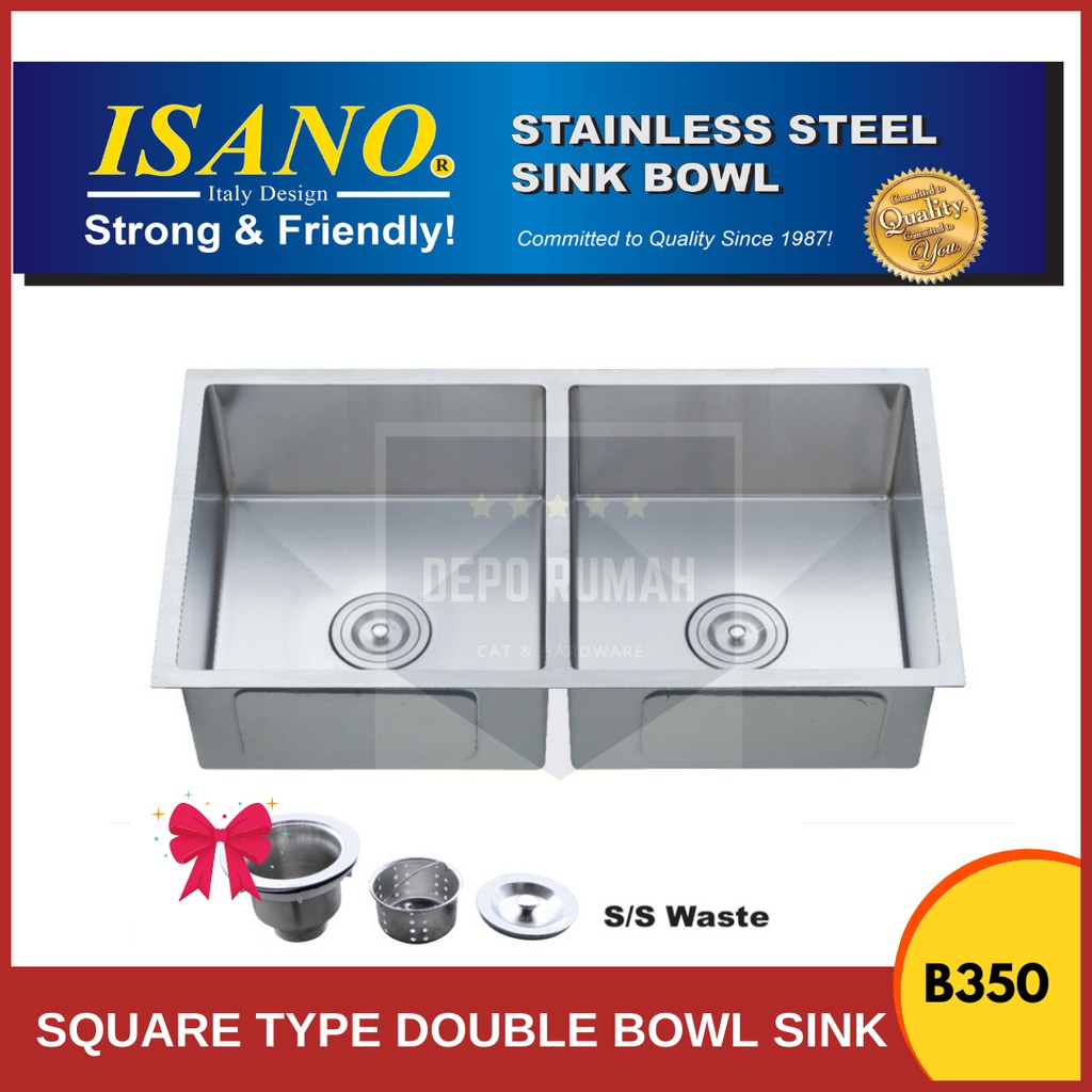 B350 ISANO Square Type Double Bowl Sink W/Waste (820mm x 450mm x 220mm