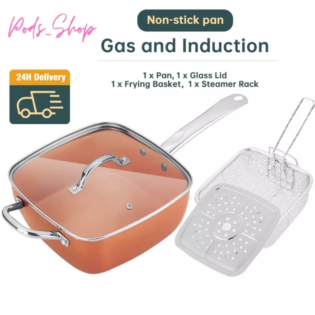 Moss & Stone Copper 5 Piece Set Chef Cookware, 9.5” Non Stick Pan, Deep  Square Pan, Fry Basket, Steamer Rack, Dishwasher & Oven Safe, 5 Quart  Copper