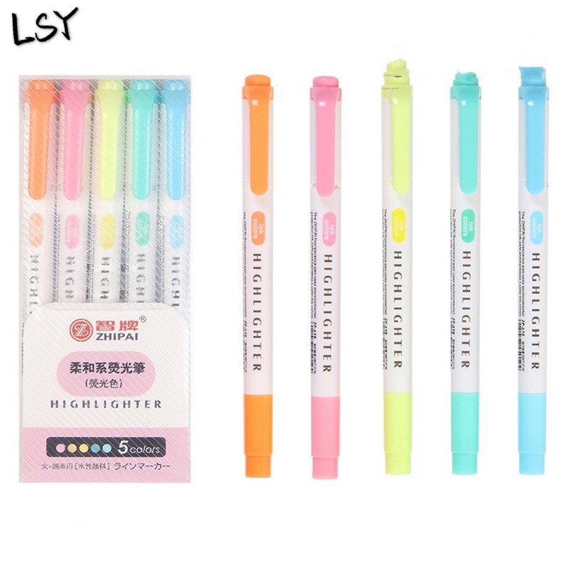 5 Colors Dual Tip Highlighter Pens Broad Chisel and Fine Tips Marker Pen for for School Students
