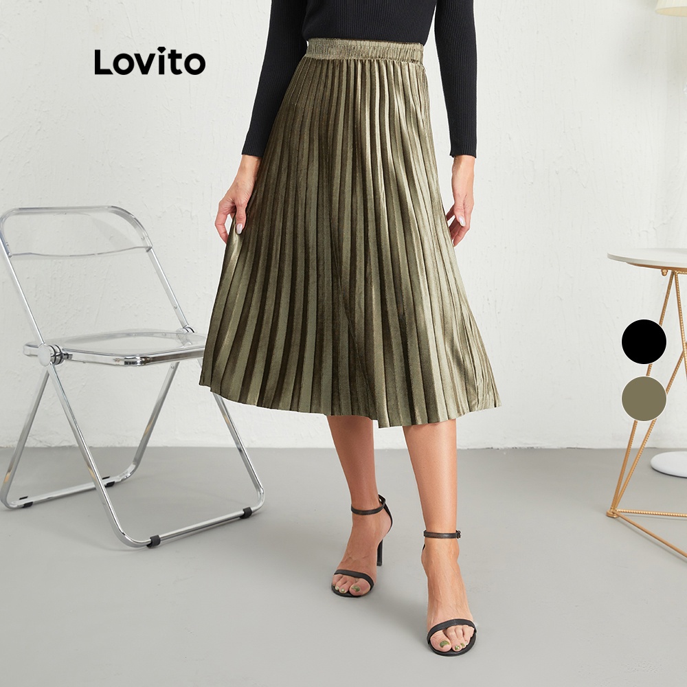 Lovito Casual Plain Basic Pleated Elastic Waist Midi Skirts For Women ...