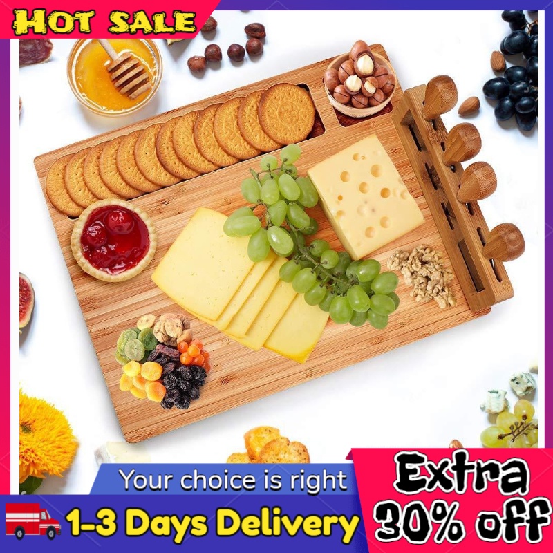 Bamboo Cheese Board With Cutlery Set - 4 Stainless Cheese Knives With ...