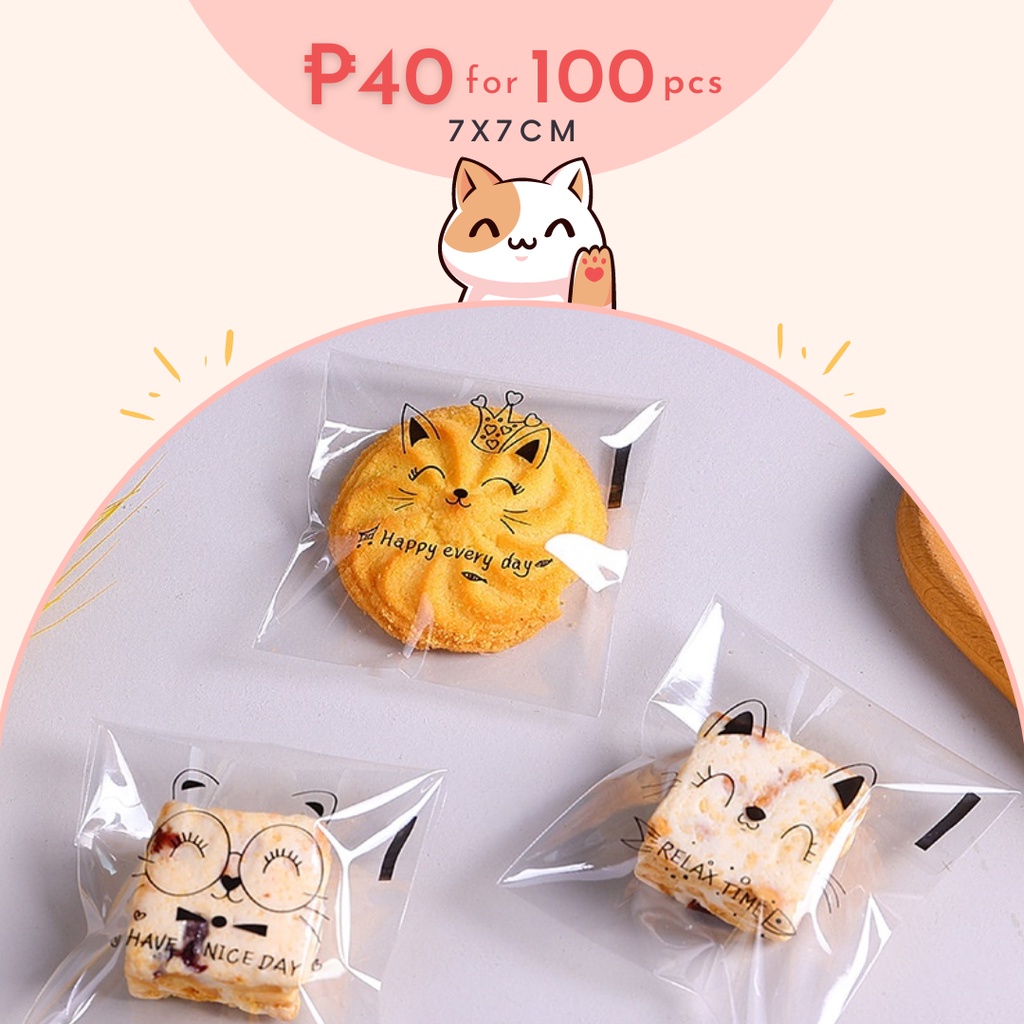 FP1243 (100PCS) 7x7 CM Cute Happy Cats Cookie Bag Candy Cookie Plastic ...