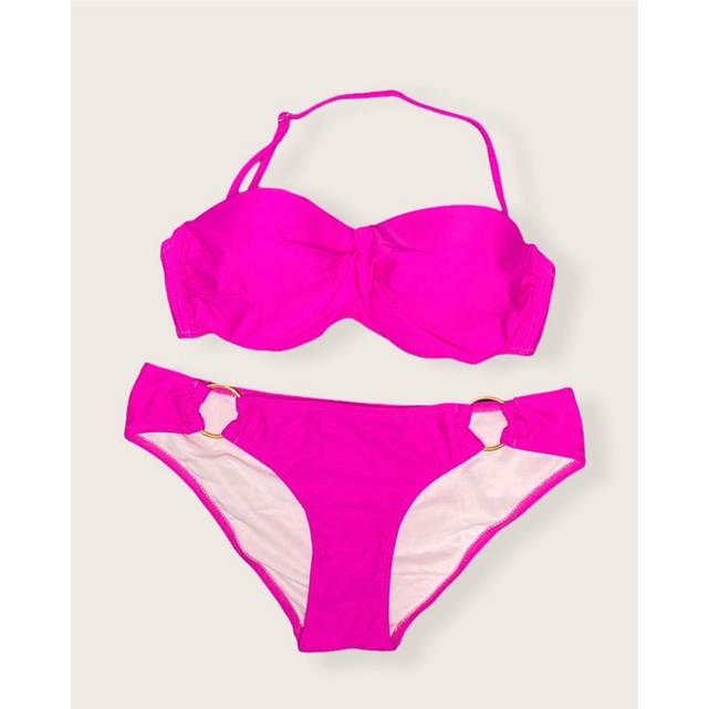 (FREE Nipple Cover) Two Piece Sexy Hot Pink Bikini Swimsuit with gold